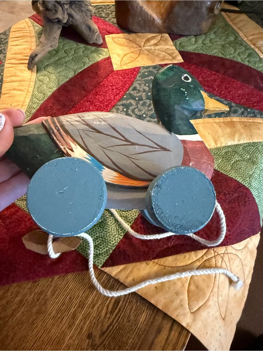 Vintage Hand-Painted Wooden Mallard Pull Toy Green/Brown/Blue